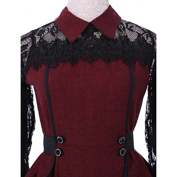 Women's Patchwork Red / Gray Lace Hin Thin Slim Temperament Dress , Work / Plus Sizes Shirt Collar Long Sleeve