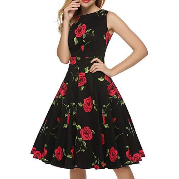 Women's Vintage / Simple / Street chic Floral Swing Dress,Round Neck Knee-length Cotton / Polyester