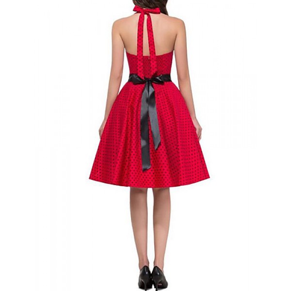 Women's Going out Vintage A Line Dress,Polka Dot Halter Knee-length Sleeveless Red Polyester Summer