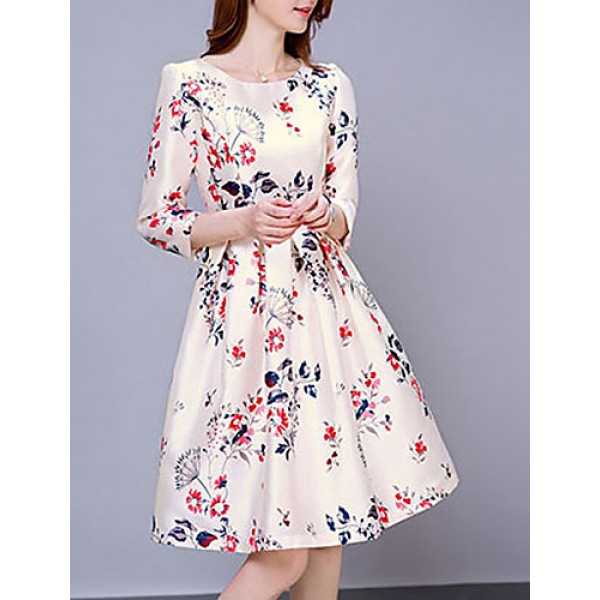 Women's Vintage Print Sheath Dress,Round Neck Knee-length Polyester