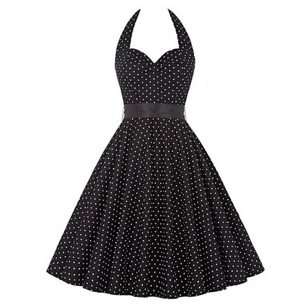 Women's Going out Vintage A Line Dress,Polka Dot Halter Knee-length Sleeveless Blue / Black Polyester Summer