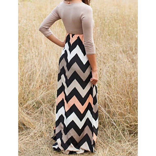 Women's Beach Loose Dress,Striped / Print Round Neck Maxi Long Sleeve Gray / Green Cotton Fall