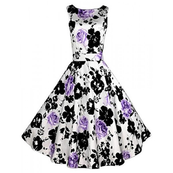 Women's Going out Vintage Skater Dress,Floral Round Neck Midi Sleeveless Purple Polyester All Seasons Mid Rise Micro-elastic Medium