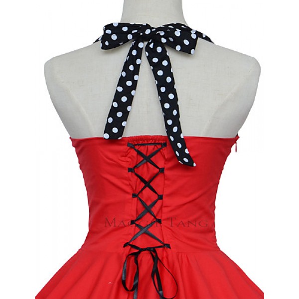 Women's Red/Black Vintage Polka Dots Midi Swing Dress, Full Circle Halter