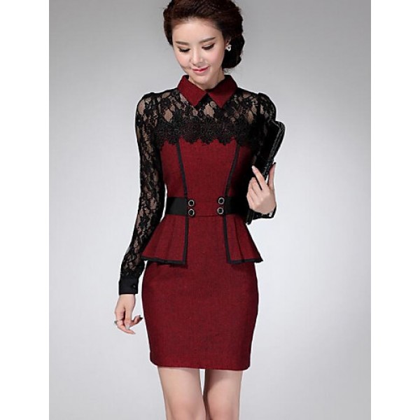 Women's Patchwork Red / Gray Lace Hin Thin Slim Temperament Dress , Work / Plus Sizes Shirt Collar Long Sleeve