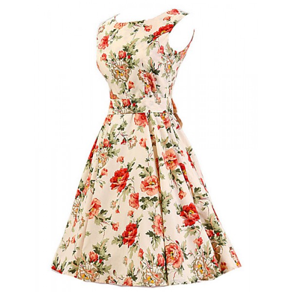 Women's Cream Floral Dress , Vintage Sleeveless 50s Rockabilly Swing Short Cocktail Dress