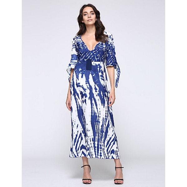 New Boho Maxi Dress Contrast Print Deep V-Neck Side Zipper 3/4 Sleeve Beach Evening Party Long