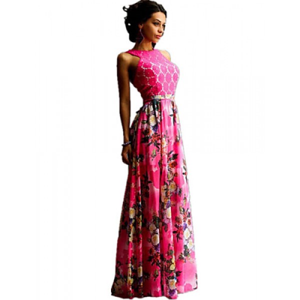 Women's Sexy / Boho Floral Sheath / Swing Dress , Crew Neck Maxi Polyester