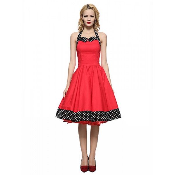 Women's Red/Black Vintage Polka Dots Midi Swing Dress, Full Circle Halter