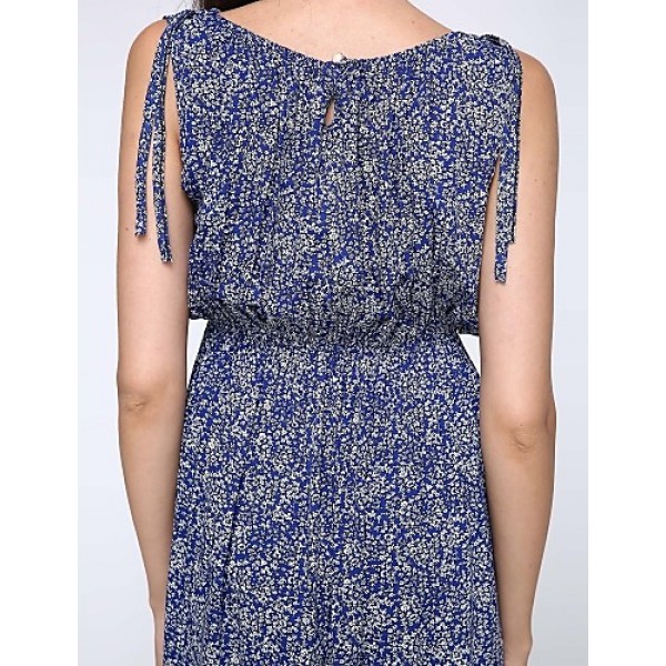 Women's Casual/Daily / Holiday / Plus Size Boho Chiffon / Swing Dress,Print Round Neck Midi Sleeveless Blue Polyester Summer High Rise