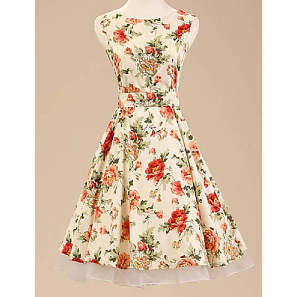 Women's Halter 50s Vintage Flower Print Rockabilly Sleeveless Dress(Not Include Petticoat)