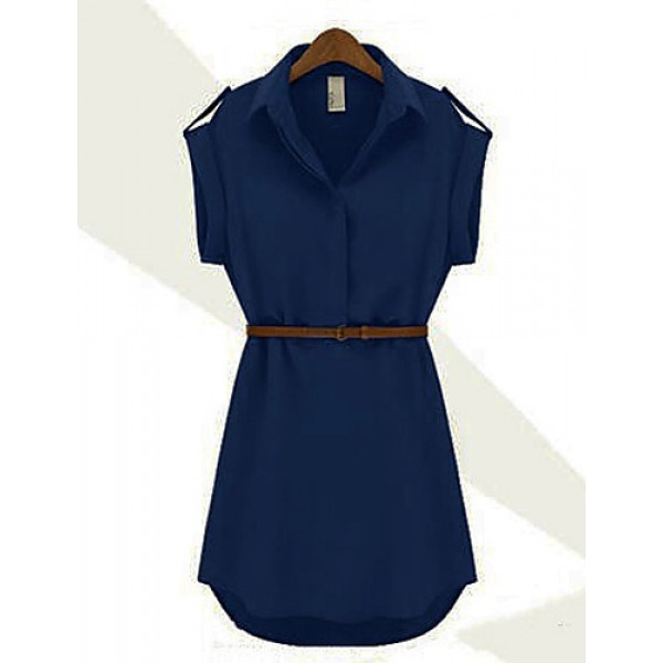 Women's Casual Solid Shirt Collar Short Sleeve Mini Belted Chiffon Dress