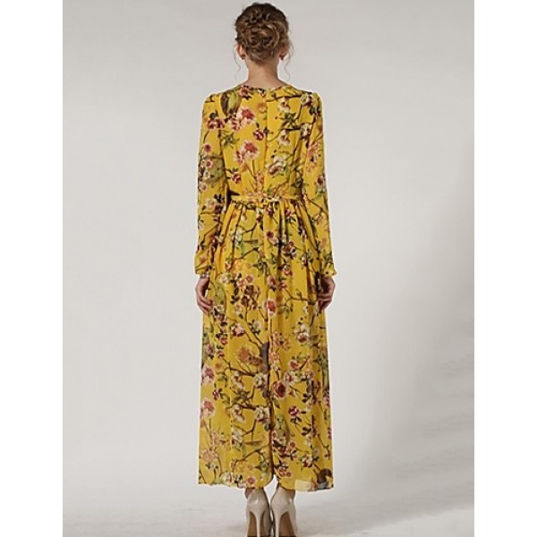 Women's Casual/Daily Swing Dress,Floral Crew Neck Maxi Long Sleeve Red / Yellow Polyester Spring