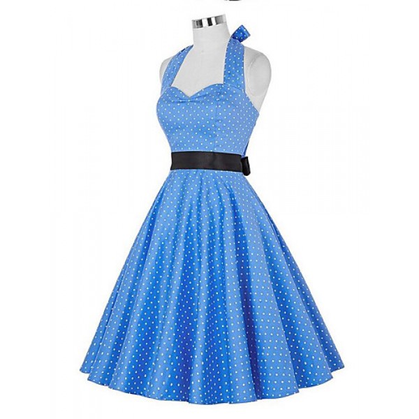 Women's Going out Vintage A Line Dress,Polka Dot Halter Knee-length Sleeveless Blue / Black Polyester Summer