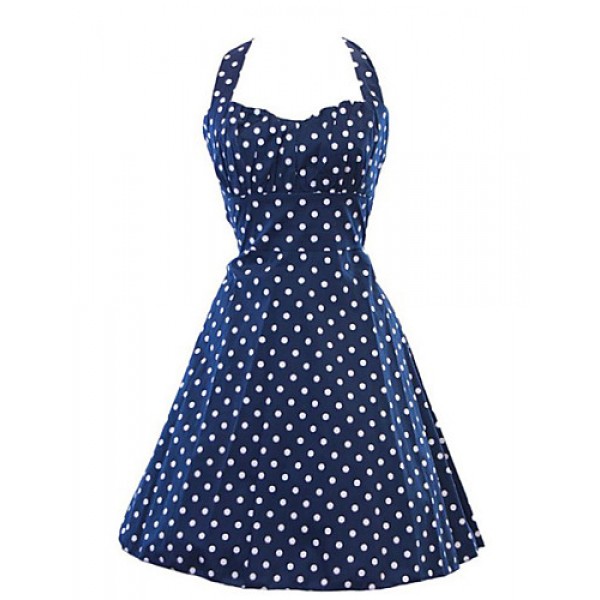 Women's Retro 50s Slim Polka Dot Sleeveless Swing Party Dress