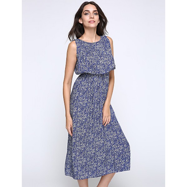 Women's Casual/Daily / Holiday / Plus Size Boho Chiffon / Swing Dress,Print Round Neck Midi Sleeveless Blue Polyester Summer High Rise