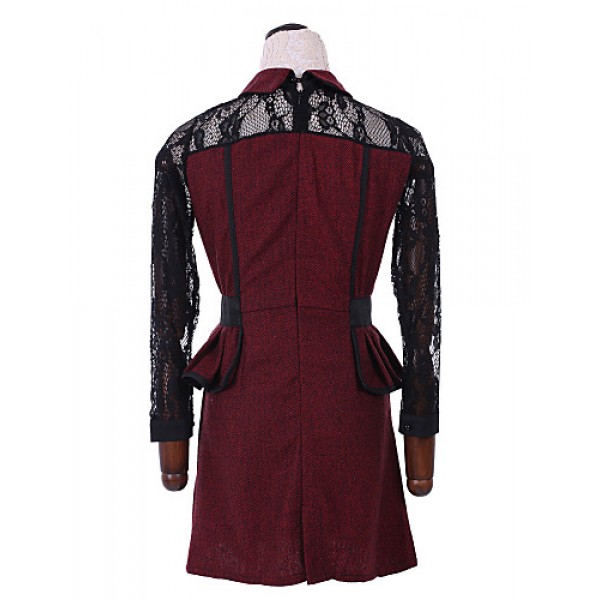 Women's Patchwork Red / Gray Lace Hin Thin Slim Temperament Dress , Work / Plus Sizes Shirt Collar Long Sleeve