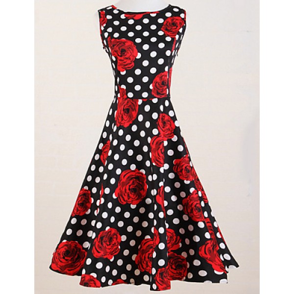 Women's Vintage Slim Polka Dot Rose Print Sleeveless Swing Dress