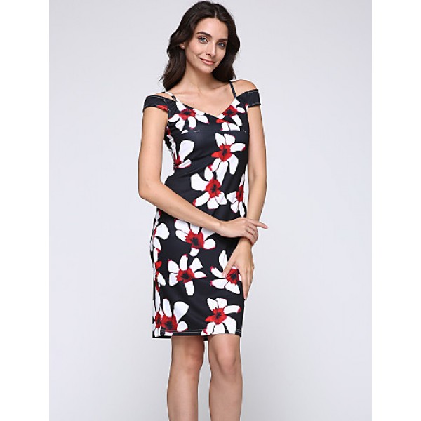 Women's Sexy Floral Bodycon Dress , V Neck Knee-length Cotton / Polyester