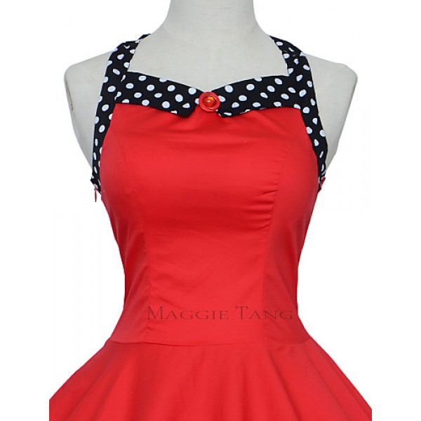 Women's Red/Black Vintage Polka Dots Midi Swing Dress, Full Circle Halter