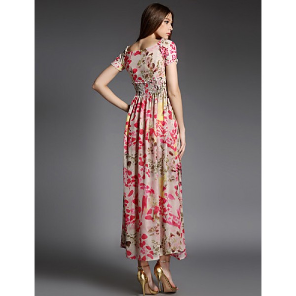 Women's Party/Cocktail Boho A Line Dress,Floral Square Neck Maxi Short Sleeve Pink Cotton Summer