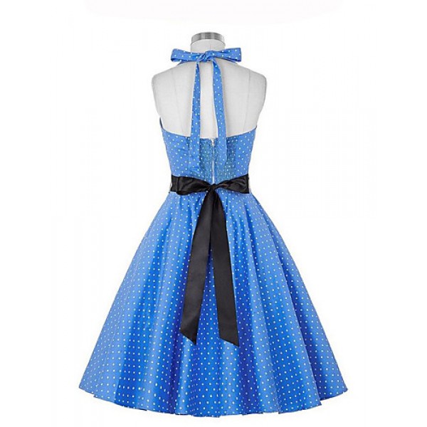 Women's Going out Vintage A Line Dress,Polka Dot Halter Knee-length Sleeveless Blue / Black Polyester Summer