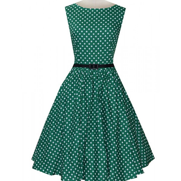 Women's Vintage Slim Polka Dot Printing Sleeveless Dress(With Belt)