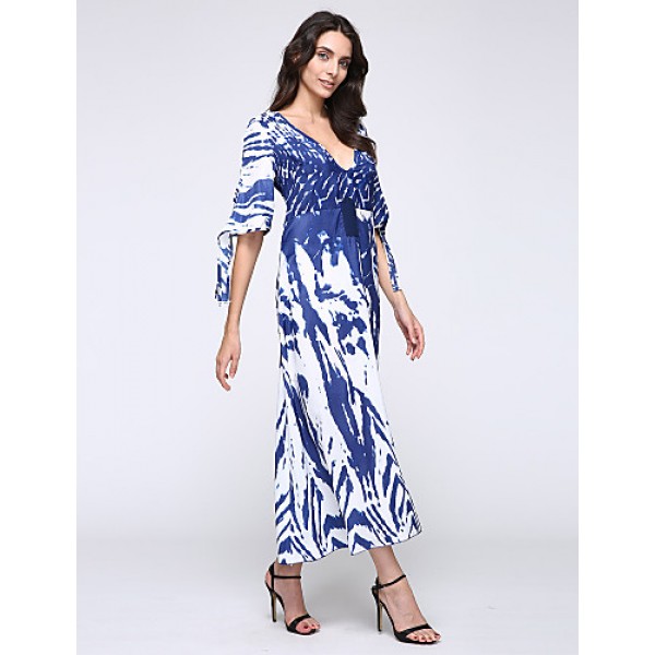 New Boho Maxi Dress Contrast Print Deep V-Neck Side Zipper 3/4 Sleeve Beach Evening Party Long