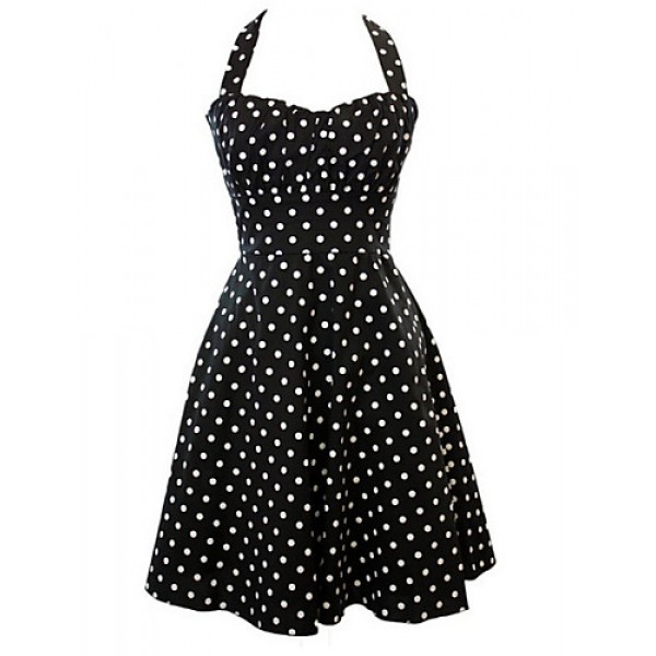 Women's Retro 50s Slim Polka Dot Sleeveless Swing Party Dress