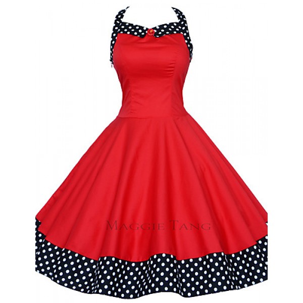 Women's Red/Black Vintage Polka Dots Midi Swing Dress, Full Circle Halter