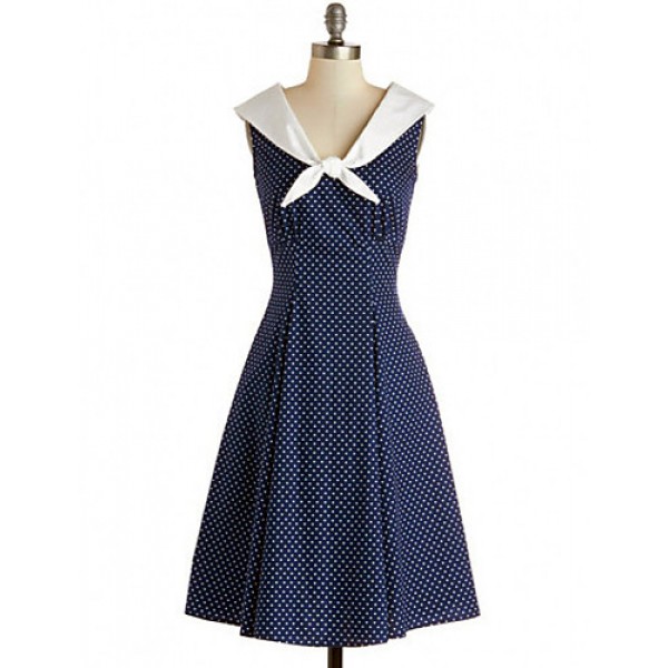 Women's Party/Cocktail Vintage A Line / Skater Dress,Polka Dot V Neck Knee-length Sleeveless Blue Cotton / Polyester Fall High Rise