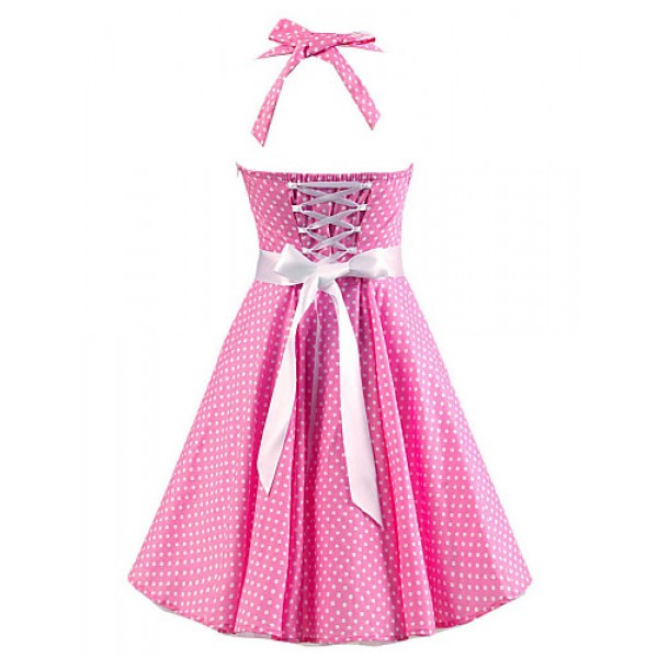 Women's Pink White Mini Polka Dot Dress , Vintage Halter 50s Rockabilly Swing Dress