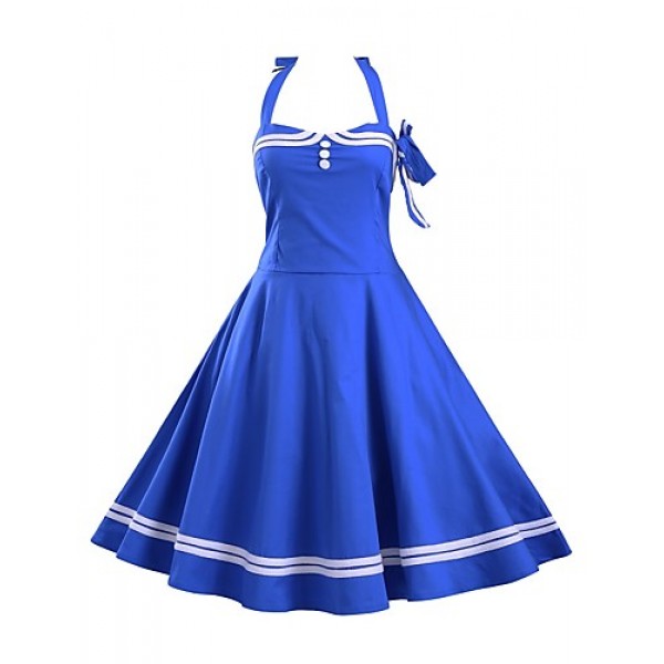 Women's Casual/Daily Sexy Dress,Solid Halter Knee-length Blue / Red / Black Cotton Summer