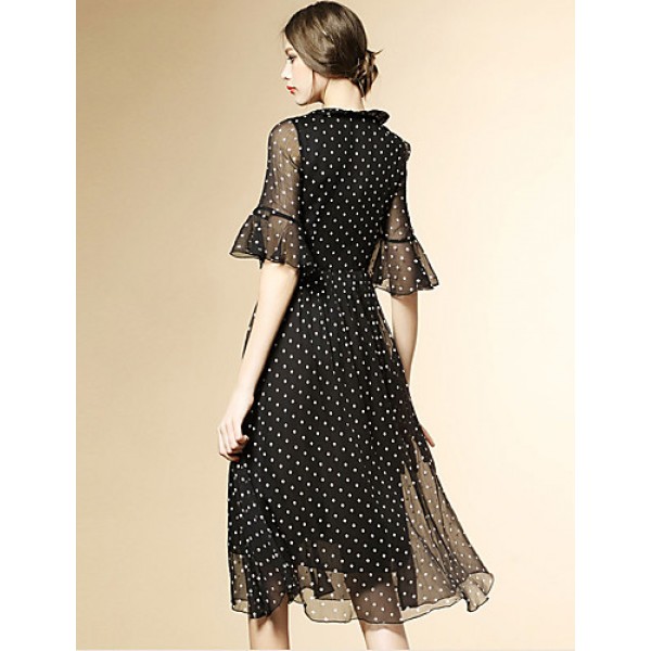 Women's Street chic Polka Dot Chiffon / Swing Dress,V Neck Knee-length Polyester