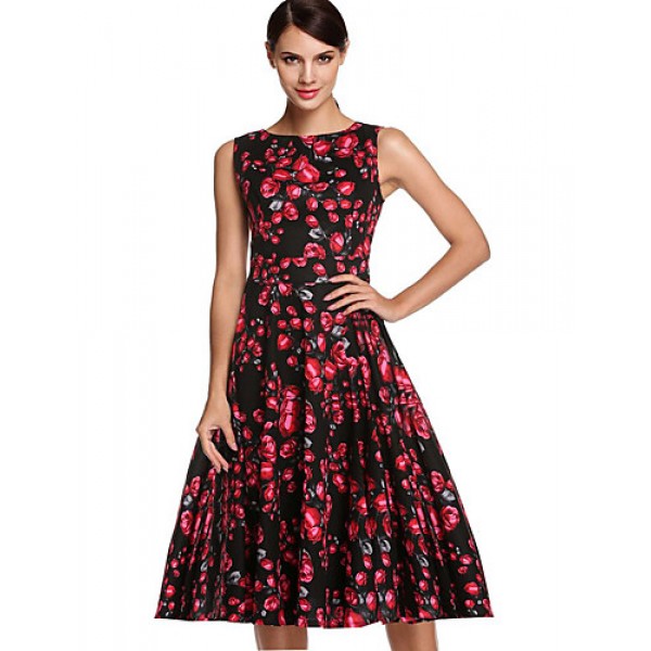 Women's Vintage / Simple / Street chic Floral Swing Dress,Round Neck Knee-length Cotton / Polyester