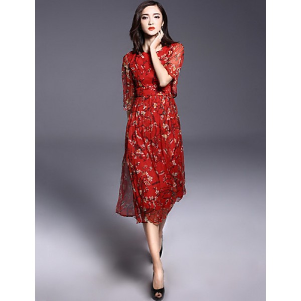 Women's Casual/Daily Boho / Street chic Plus Size / Chiffon Dress,Floral Round Neck Midi ? Length Sleeve Red Silk Summer