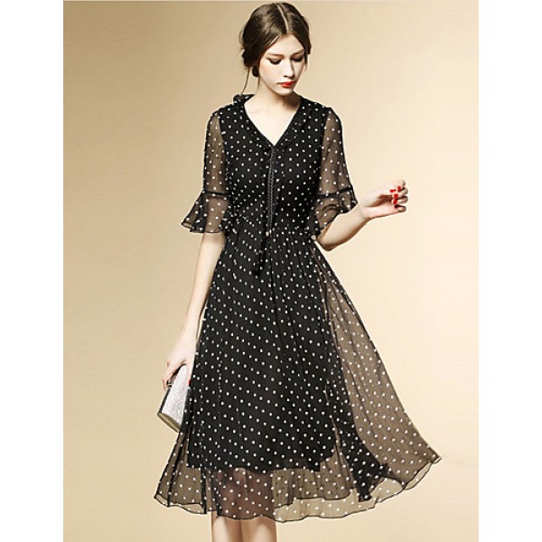 Women's Street chic Polka Dot Chiffon / Swing Dress,V Neck Knee-length Polyester