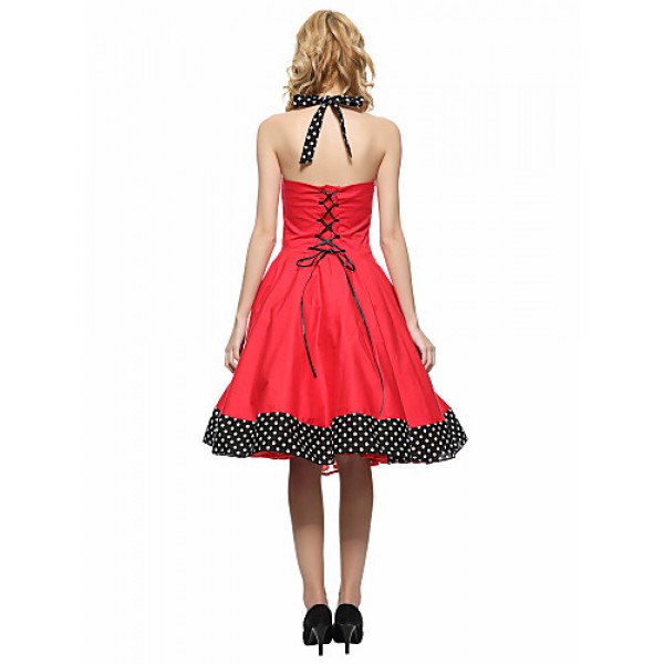 Women's Red/Black Vintage Polka Dots Midi Swing Dress, Full Circle Halter