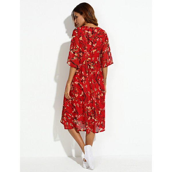 Women's Casual/Daily Boho / Street chic Plus Size / Chiffon Dress,Floral Round Neck Midi ? Length Sleeve Red Silk Summer