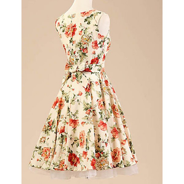 Women's Halter 50s Vintage Flower Print Rockabilly Sleeveless Dress(Not Include Petticoat)