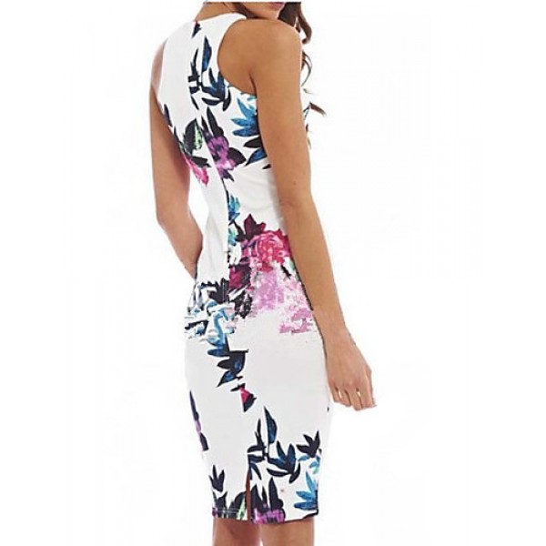 Women's Print Bodycon Crew Neck Micro Elastic Sleeveless Above Knee Plus Size Dress