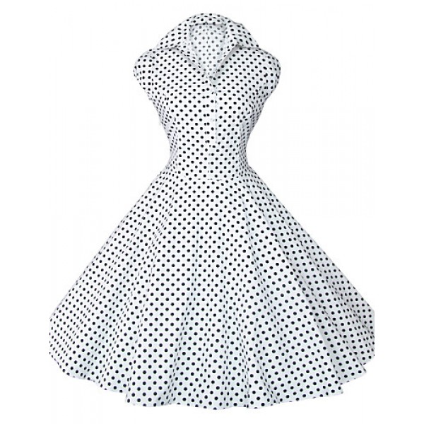 Women's White/Black/Blue 50s Vintage Polka Dots Swing Midi Dress